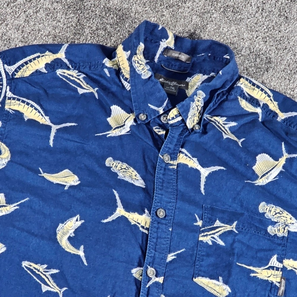 Eddie Bauer Fish Print Shirt Mens TXL Blue Marlin S/S ClassicFit Cotton Coastal